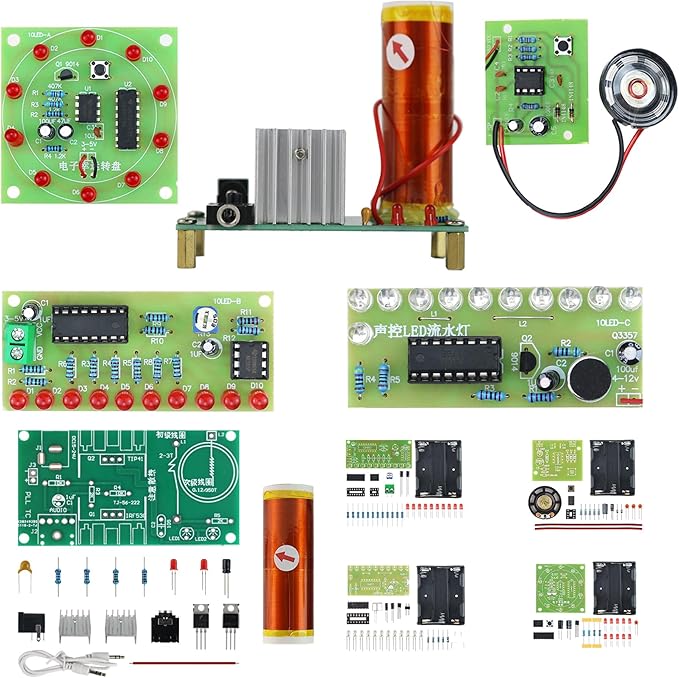 YIDAB 5in1 Soldering Practice Kit Mini Musical Tesla Coil, Plug-in Flowing Light,Doorbell, Sound-Activated Flowing Light, and Lucky Roulette Wheel Soldering Projects Soldering Practice for Teens