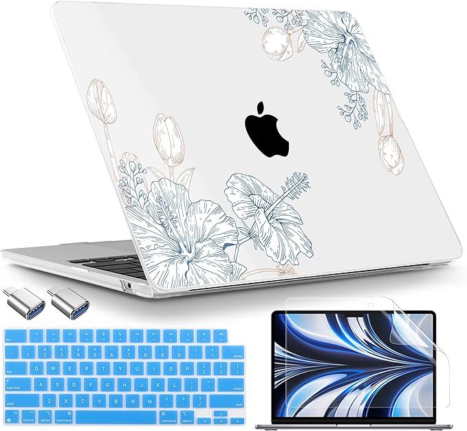 TWOLSKOO for MacBook Air 13 inch Case M4 A3240 M3 A3113 M2 A2681 2025 2024 2022 Plastic Hard Shell, Keyboard Cover, Type C Adapter, Screen Protector for MacBook Air 13.6 inch, Engraved Sketch2