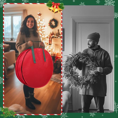 BlessedSeason Wreath Storage Container - Protect 2 Holiday Wreaths with Dual Zipper & Handles | 24” Red