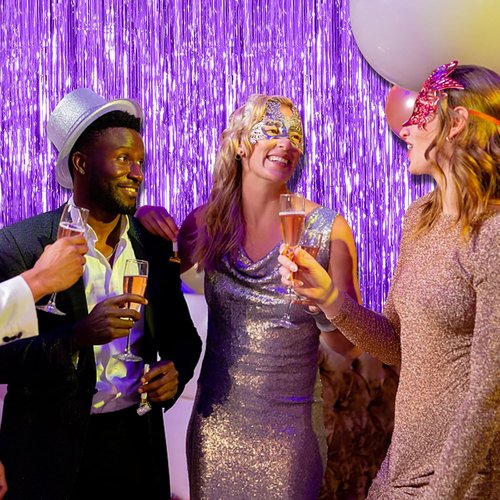 Foil Curtain Backdrop - 5 Pack Purple Metallic Tinsel Fringe for Photo Booths & Celebrations