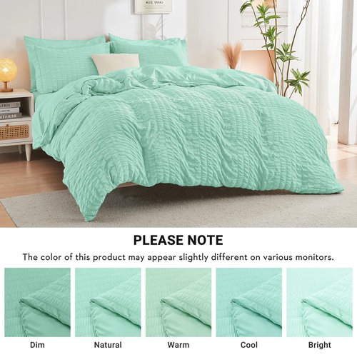 HYMOKEGE Mint Green Queen Comforter Set Seersucker 7 Pieces, All Season Luxury Bed in a Bag Queen for Bedroom, Bedding Set with Comforter, Sheets, Pillowcases & Shams