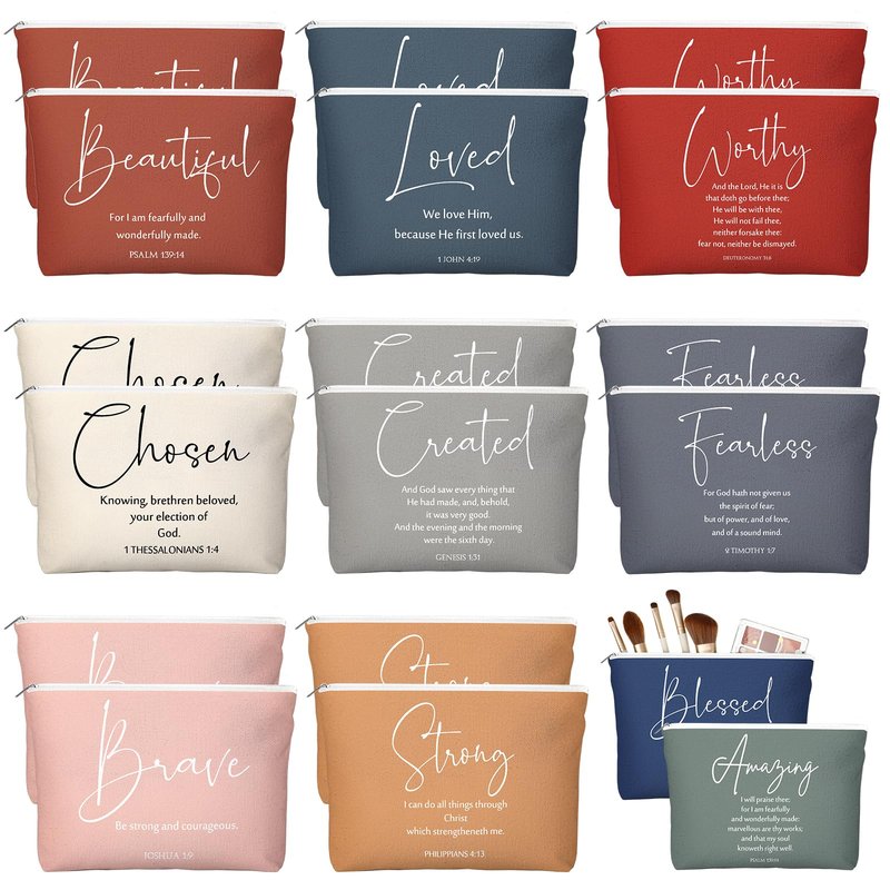 Huhumy 20 Pcs Christian Gifts for Women Bulk Religious Bible Verse Makeup Bag Inspirational Scripture Cosmetic Bag with Zipper VBS Graduation Church Favors for Ladies(Bright,Bible Words)