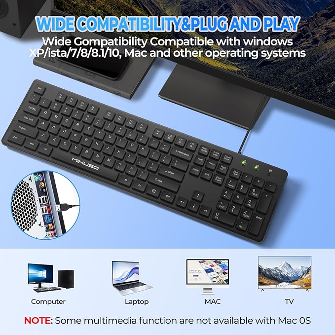 MIKUSO Laser Keyboard with Cover, Wired Keyboard 104 Keys Full Size, Laser Etched Non Fading Keycaps, Easy Clean Computer Keyboard with Number Pad for Office Desktop PC, 1.6m USB Cable- Black