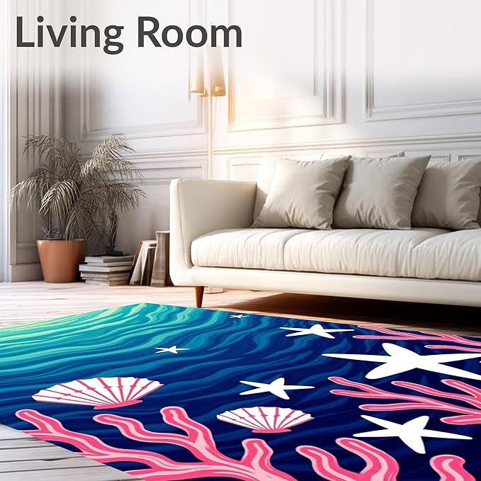 Flatwoven High Traffic Area Rug 8, Ocean Treasure Marine Life Bathroom Contour Ensemble, Non Slip, Stain Resistant, Washable Area Rugs for Living Room, Bedroom (Blue, 8)