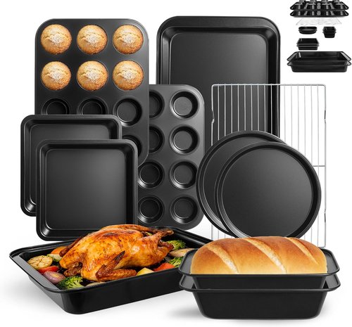 11-Piece Nonstick Baking Pans Set | Professional Grade Carbon Steel Bakeware - Dishwasher Safe, Stackable, Oven Safe to 450°F (Black)