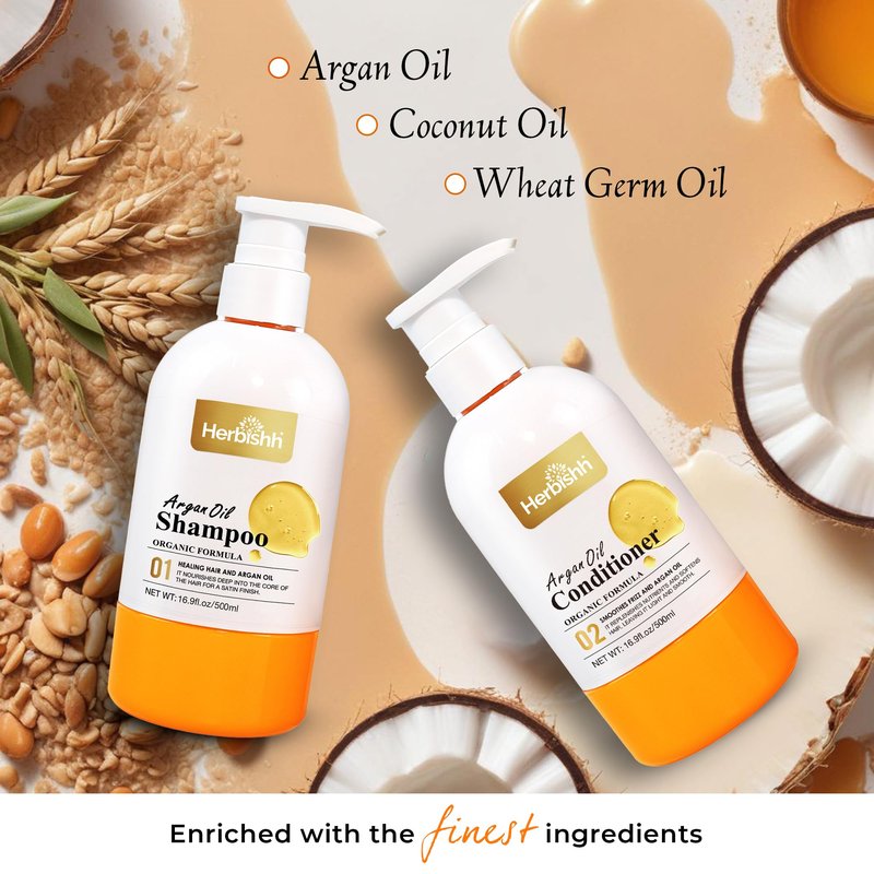 Herbishh Argan Oil Shampoo & Conditioner Set, Deep Cleansing Formula for Dry & Frizzy Hair, Helps Nourish Damaged Color-Treated Hair with Shea Butter, Jojoba & Coconut Oil, 16.9 fl oz Each