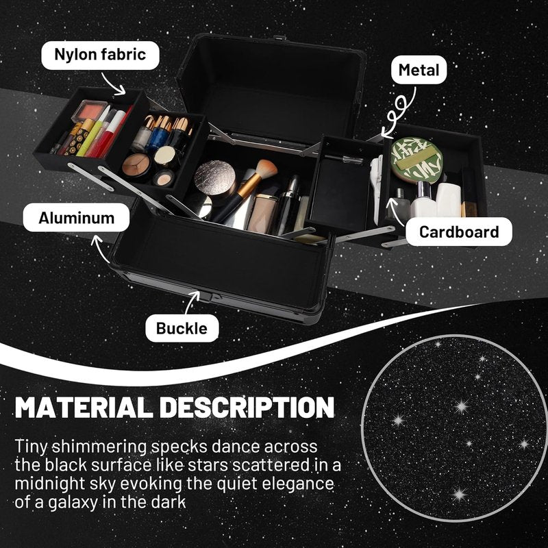 Makeup Train Case - 10.2" Hard Vanity Organizer with 4 Trays | Lockable Starry Black Travel Case for Artists