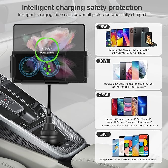 YUPENLAI Wireless Car Charger for Z Fold 6/5/4/3, Dual Coil Cup Holder Phone Mount for Tesla, Fast Charging Auto Clamping Auto Rotation 90° Air Vent Mount for iPhone 16/15/14/13/12 Serie