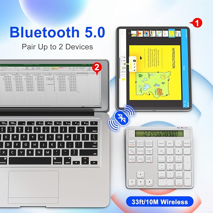 Rytaki Pro 2-in-1 Wireless Number Pad & Calculator, Bluetooth 5.0 Numeric Keypad with USB-C Charging, 34-Key Portable Number Pad for Laptop, MacBook, PC, Windows, iOS & Android Devices