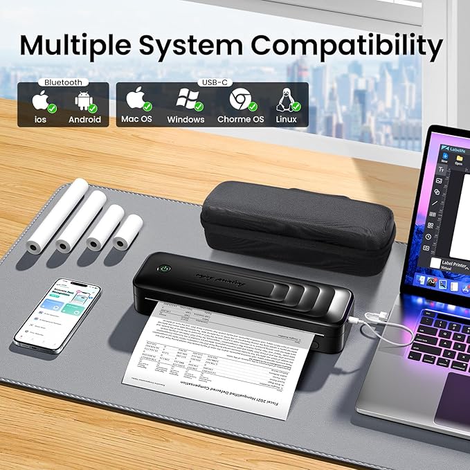 Portable Printers Wireless for Travel, Bluetooth Inkless Thermal Printer Support 8.5" X 11" US Letter, Small Mobile Printer for Phone Laptop, with Carry Case & 4 Rolls Thermal Paper, Dark Grey