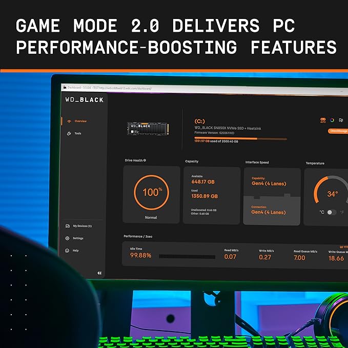 WD_BLACK SN850X 2TB NVMe SSD with Heatsink - M.2 2280, Up to 7,300 MB/s Read speeds, Up to 6,300 MB/s write speeds, Gaming Expansion, High Performance Internal Solid State Drive - WDS200T2XHE