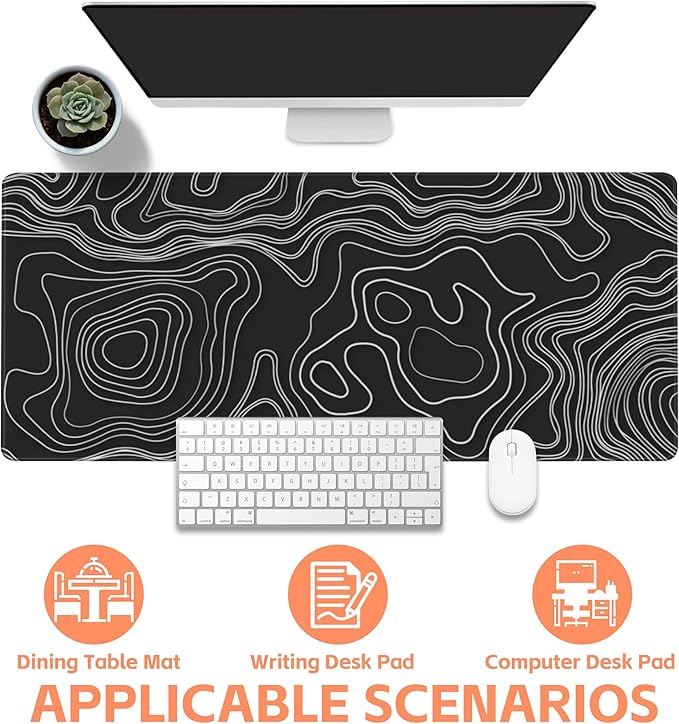 NIYLYNSYN Mouse Pad Large Topographic Map Lines Non-Slip Game Desk Mat with Stitched Edge Laptop Keyboard Desk Pad for Work Home Gaming (35.4 x 15.7 Inches)
