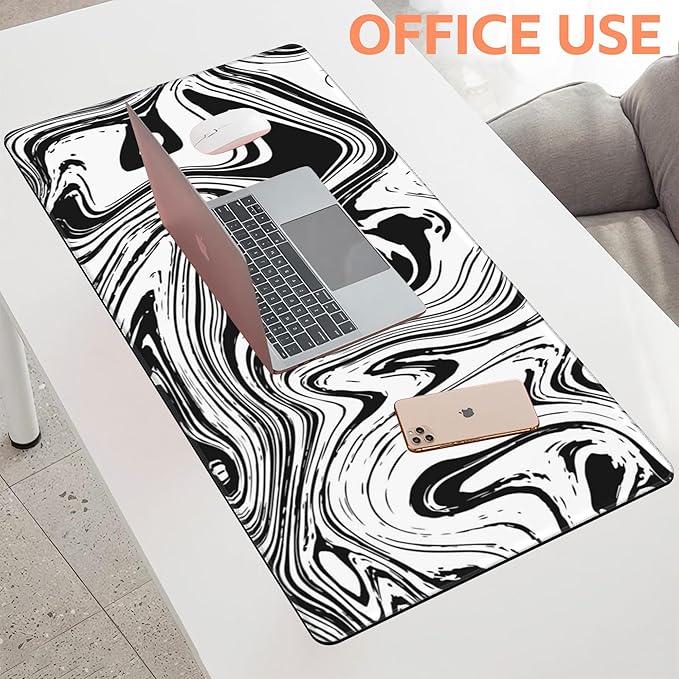 NIYLYNSYN Mouse Pad Large Black and White Fluid Non-Slip Gaming Desk Mat with Stitched Edge Laptop Keyboard Desk Pad for Work Home Gaming (35.4 x 15.7 Inches)