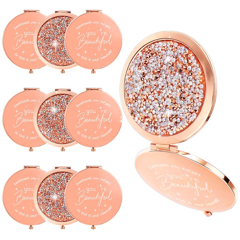 10Pcs Small Compact Mirror, 1x/2x Magnifying Double Sided Pocket Mirror 2.75 Inch Metal Rhinestone Compact Mirrors Bulk, Inspirational Appreciation Gifts for Valentines Day Women Girls Nurse Friends