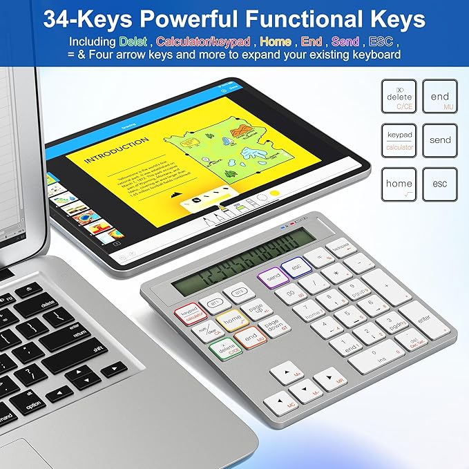 Rytaki Pro 2-in-1 Wireless Number Pad & Calculator, Bluetooth 5.0 Numeric Keypad with USB-C Charging, 34-Key Portable Number Pad for Laptop, MacBook, PC, Windows, iOS & Android Devices