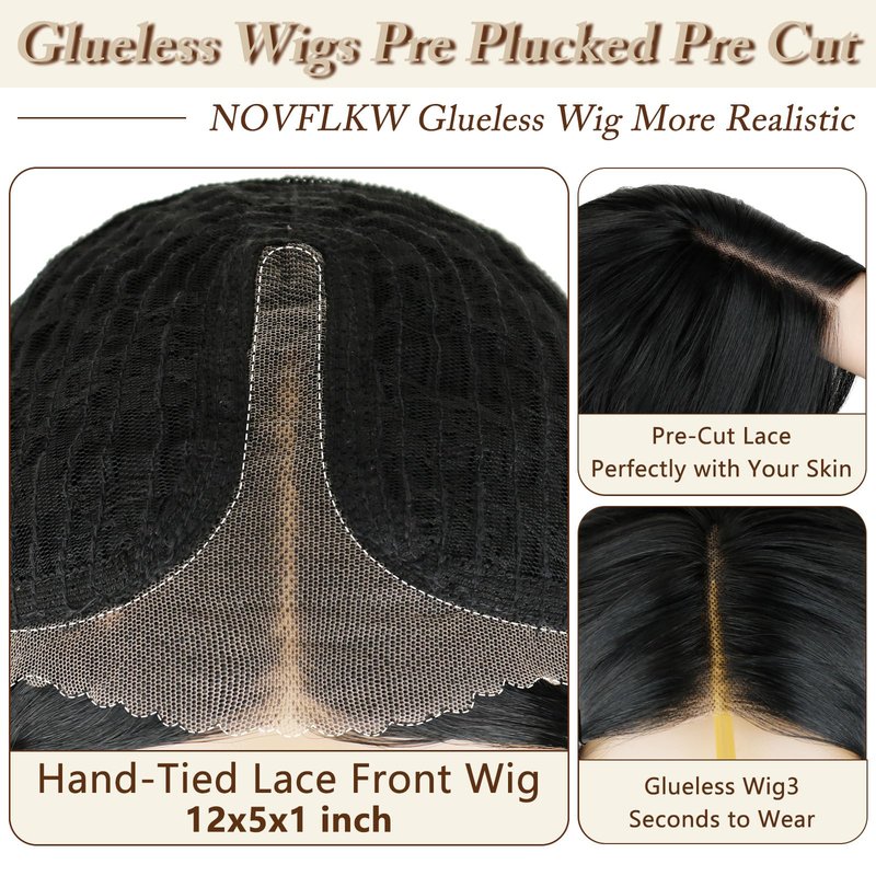NOVFLKW Brown Highlight Short Wavy Wig for Women Shoulder Length Middle Part with Pre Cut Lace Hairline Wavy Wig Natural Appearance Synthetic Heat Resistant Fiber for Everyday Hairstyle 16 Inch