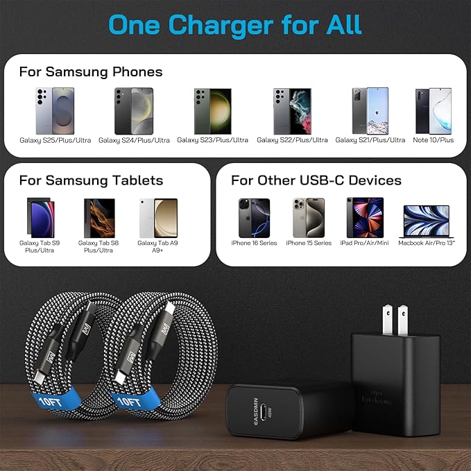45W Super Fast Charger Type C, [2 Pack] 45 Watt USB-C Charger PD/PPS Wall Charging Block for Samsung Galaxy S26 Ultra/S25 Ultra/S25+/S25/S24/S23 Ultra/S23+/S22 Ultra/S22+, Tab S8(with 2X 10ft Cable)