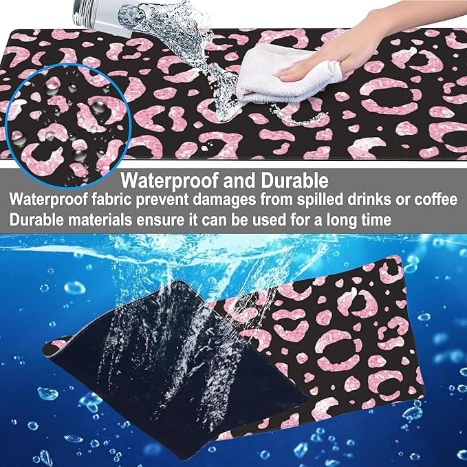 Mouse Pad, Large Rose Pink Leopard Printings Desk Mat, Extended Non-Slip Gaming Keyboard Mousepad Desk Pad, Thick Stitched Edges Waterproof Mouse Mat 31.5"x15.7" (Glittery Leopard Prints)