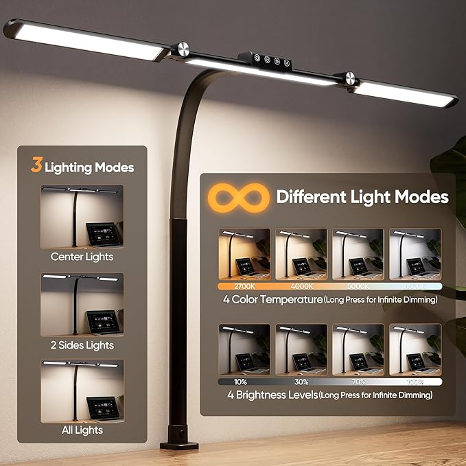 WIHTU Large Desk Lamps for Home Office, 39.3" Architect Desk Lamp with Clamp, 24W Ultra Bright LED Desk Light Stepless Dimming Eye-Caring Office Desk Lamp for Study Work