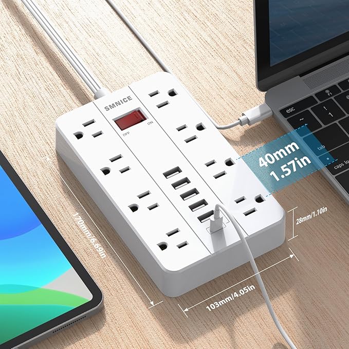 Power Strip Extension Cord, SMNICE Flat Plug Long Extension Cord 10 Ft with 8 Widely Spaced Outlets 6USB(1 USB C) Charging Station, Wall Mount for Dorm Home, Office Accessories,White
