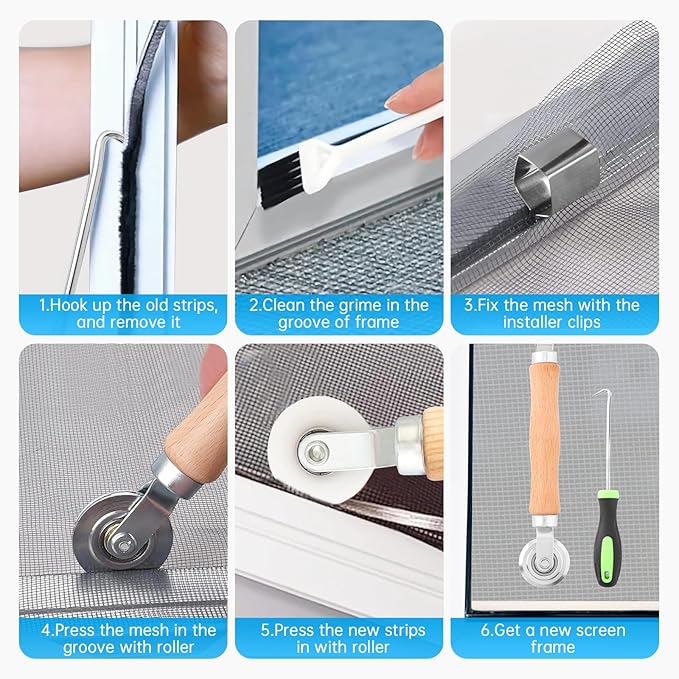HOJLKLD Window Screen Repair Kit, Steel/Nylon Roller Tool with Bearing+8pcs Screen Clips+32ft Screen Spline+Spline Removal Hook, 5 in 1 Screen Roller Tool Kit for Installing Door Mesh Screens