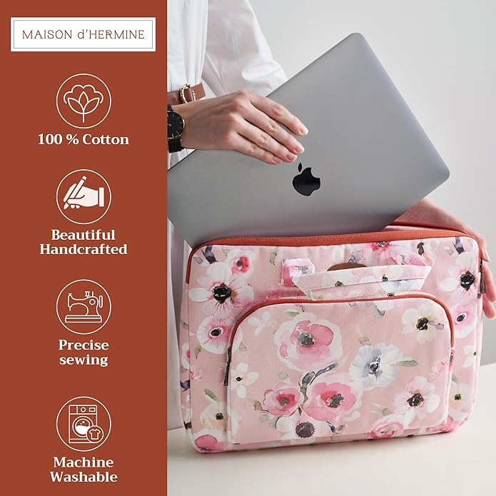 Maison d'Hermine Laptop Bag with Pocket Upto 13.5 inch Stain and Water Repellent Cotton Canvas Spring Summer (Romantic Poppy - Saumon)