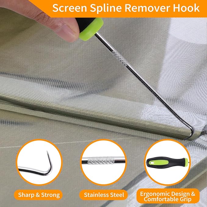QWR 4 in 1 Window Screen Repair Tool Kit,Including 32Ft Spline Replacement,Steel Roller with Bearing,Spline Removal Hook and High Quality Scissors,for Installing Door Mesh Screens., Black (QWR-56321)