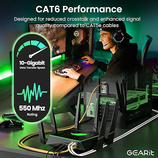 GEARit Cat 6 Ethernet Patch Cables 6 ft Yellow (Cat 6 Ethernet Cables 6 ft 24-Pack), High Speed 24AWG 10Gbps RJ45 Snagless Gold-Plated, Ethernet Cable for Router, Switch, PC, PS5 Gaming, Server