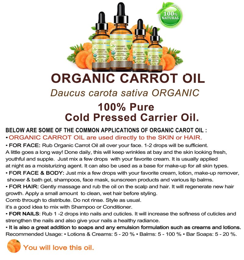 Botanical Beauty Organic CARROT SEED OIL 100% Pure VIRGIN UNREFINED Undiluted Cold Pressed Carrier Oil for Face, Skin, Body, Hair, Lip, Nails. Rich in Beta Carotene, Vitamin E (2 Fl Oz)