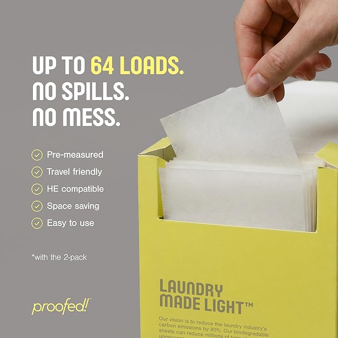 Proofed! Laundry Detergent Sheets, 32 Count, Fragrance-Free, The Only 100% Plastic-Free Sheet, No PVA or PVOH, Hypoallergenic, Bio-Based Ingredients, Made in USA, 1 Box
