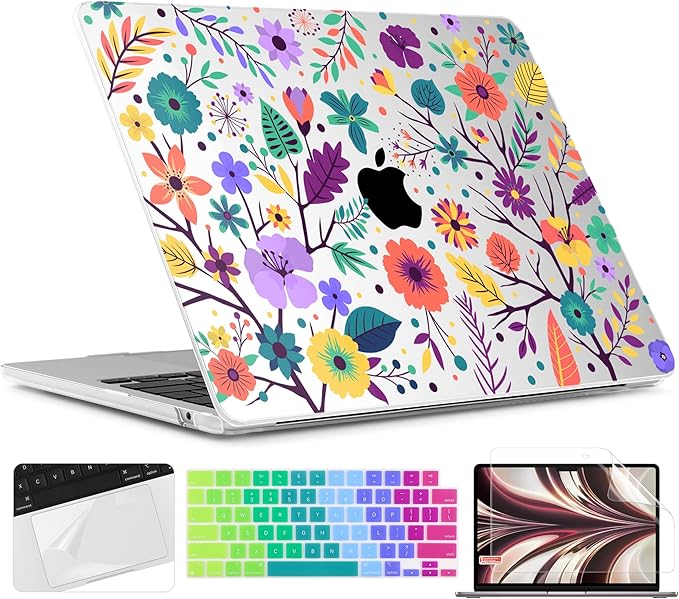 TWOLSKOO for MacBook Air 13 inch Case M5 2026 M4 2025 M3 M2 2024-2022 A3449 A3240 A3113 A2681, Plastic Hard Shell & Keyboard Cover & Screen Film for MacBook Air 13.6 inch Case, Colorful Flowers