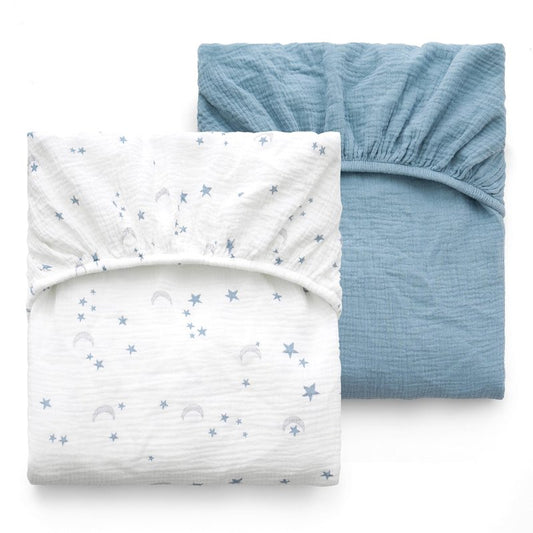 Momcozy Muslin Standard Fitted Crib Sheets, 52"x28", 2 Pack Soft Breathable Natural Cotton Baby Mattress Sheet, 360° Mattress Wrapping No Slip Boys Girls Neutral Toddler Bed Sheet, Blue Star Moon