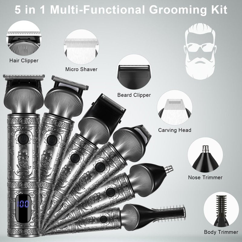 Hatteker Beard Trimmer Kit for Men Professional Hair Clipper T-Blade Beard Hair Shaver Nose Trimmer Hair Cutting Kit Body Grooming Kit Cordless 6 in 1