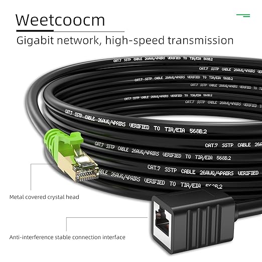 Weetcoocm Ethernet Extension Cable 6.5ft, Network Cat6a Extension Patch Cable RJ45 Cords Shielded Male to Female Connector (6.5FT)