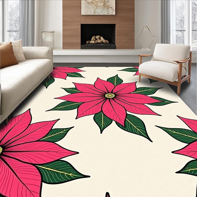 Flatwoven High Traffic Area Rug 4x6, Holiday Poinsettia Bathroom Festive Winter Floral Shower Curtain, Non Slip, Stain Resistant, Washable Area Rugs for Living Room, Bedroom (Pink, 4x6, Pad)