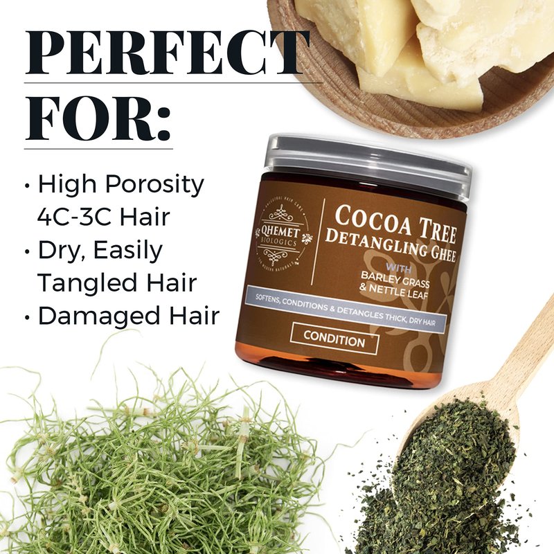 Qhemet Biologics Cocoa Tree Detangling Ghee - Softening Detangler Ideal for High Porosity 4C-3C Hair - Makes Combing Easier & Restores Pliability, Elasticity & Softness to Dry, Matted Hair (9 oz)