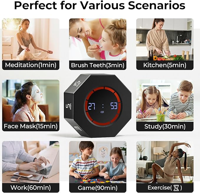 Kaflin Small Rechargeable Pomodoro Timer, Gravity Sensor Auto-Rotating 7 Preset Times (1/3/5/15/30/60/90 min) & Count Up Mode, Digital Kitchen Timers for Cooking, Work and Study (Space Gray)