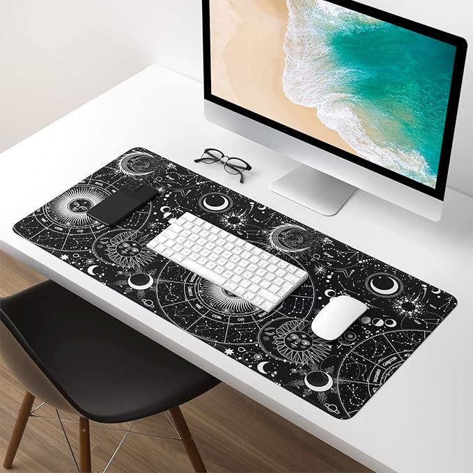 Atufsuat Extended Gaming Mouse Pad, XXL Large Desk Pad 30 x 14 Inch, Big Computer Keyboard Mousepad, Waterproof Mouse Mat with Stitched Edges and Non-Slip Base for Women Office Gaming, Sun Moon