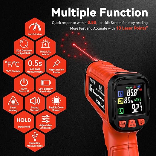 Surpeer -58°F to 2732°F Infrared Thermometer IR Laser Gun 50:1, Digital Temperature Gun/K-Type Probe -4°F~932°F, Humidity Sensor, High-Temp Pyrometer for Kiln, Forge, Furnace, Industrial Use