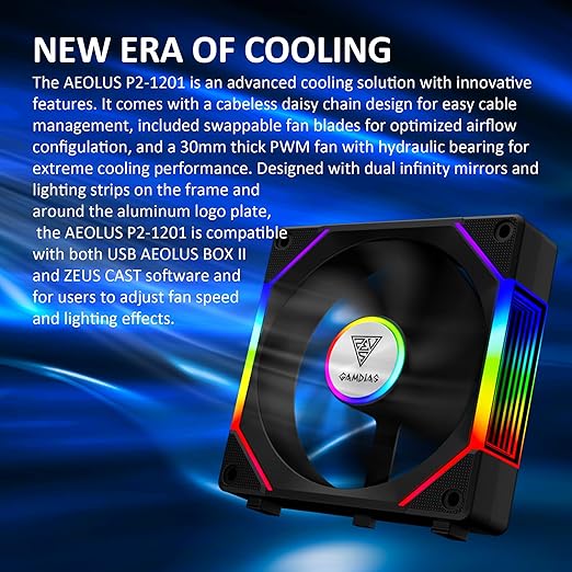 GAMDIAS ARGB Case Fan 120mm x1 & Reverse Blade x1, ARGB Motherboards Sync, Hassle-Free Cable Management with Cabless Daisy Chain Design, Quiet & 75CFM Airflow with 2400 RPM PWM RGB PC Fan, Aeolus P2