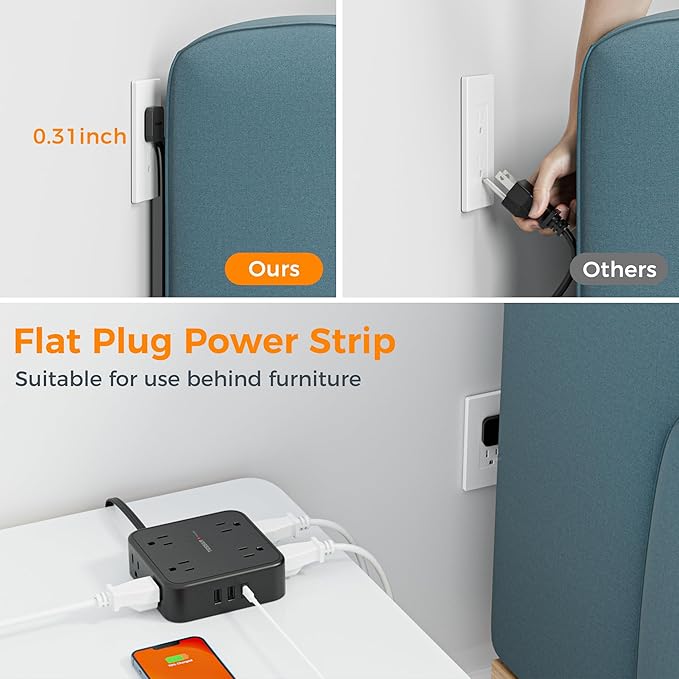 TESSAN Surge Protector Power Strip, 5 Ft Flat Plug Extension Cord with 3 USB (1 USB C) 8 Outlets, 1250W, 900J Protection, 3 Sided Outlet Extender with Power Switch for Office, Dorm Room, Black