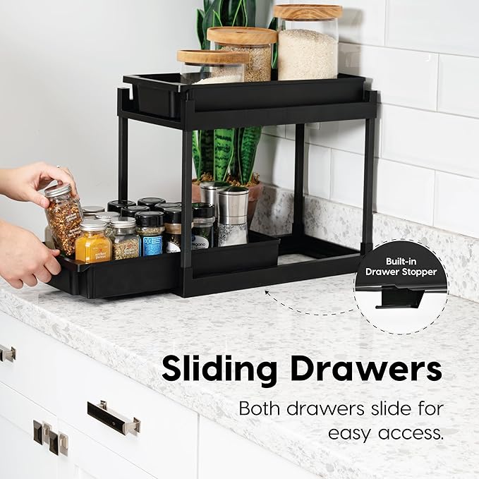 IRIS USA Under Sink Organizer, 2 Pack, Bathroom Organizers and Storage, Pull Out Under Cabinet Kitchen Shelf Pantry Under Counter, Cleaning Supplies, Vertical Spice Rack Slide Out Drawer, Easy Install