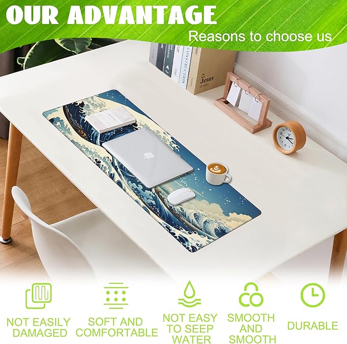 Eflxamz Desk Mat,Blue Japanese Sea Wave Desk Pad,Japanese Sea Wave Large Gaming Mouse Pad for Desk,Extended Big Computer Keyboard Mouse Pad with Non-Slip Base and Stitched Edge,31.5"x11.8"