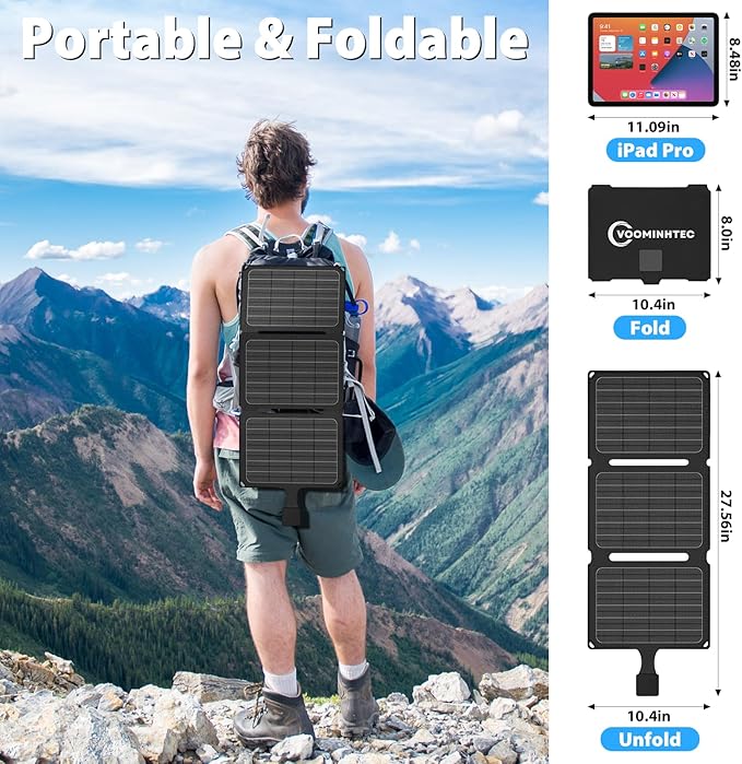 Voominhtec 20W Portable Foldable ETFE Solar Panel Charger 5V USB-A*2 Lightweight IP67 Waterproof for Phone Power Bank Tablet Hiking Camping Backpacking