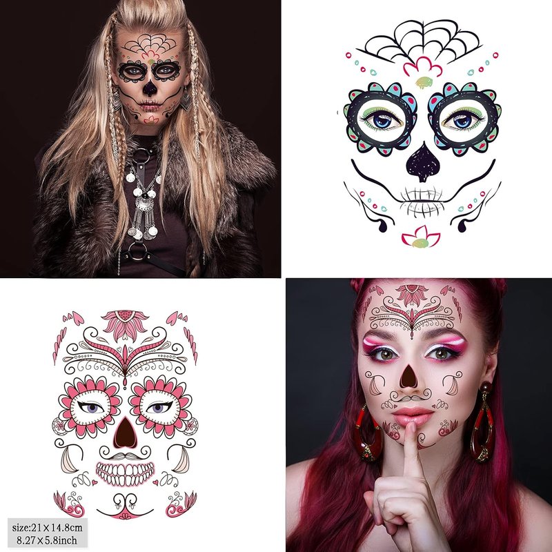 12 Sheets Halloween Face Tattoos - Day of the Dead Sugar Skull Designs | Large Temporary Tattoos