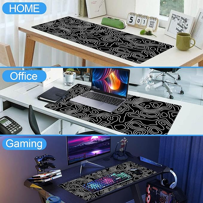 Black and White Topographic Desk Mat, Large Gaming Mouse Pad 31.5x15.7