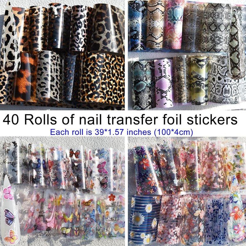 Nail Art Transfer Foils Set - 40 Rolls of Floral, Leopard, Snake Skin & Butterfly Patterns | Nail Foil Adhesive Decals