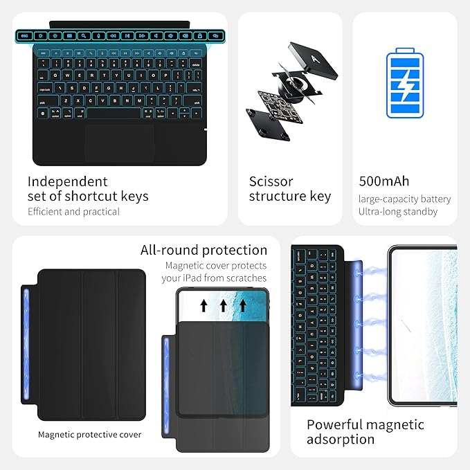 Otuoor iPad Pro 13 Inch Case 2024 with Keyboard, Magnetic Detachable Keyboard Case for iPad Pro 13 Inch (M4, 2024) with 7 Colors Backlight, Multi-Touch Trackpad, Portrait/Landscape Mode (Black)