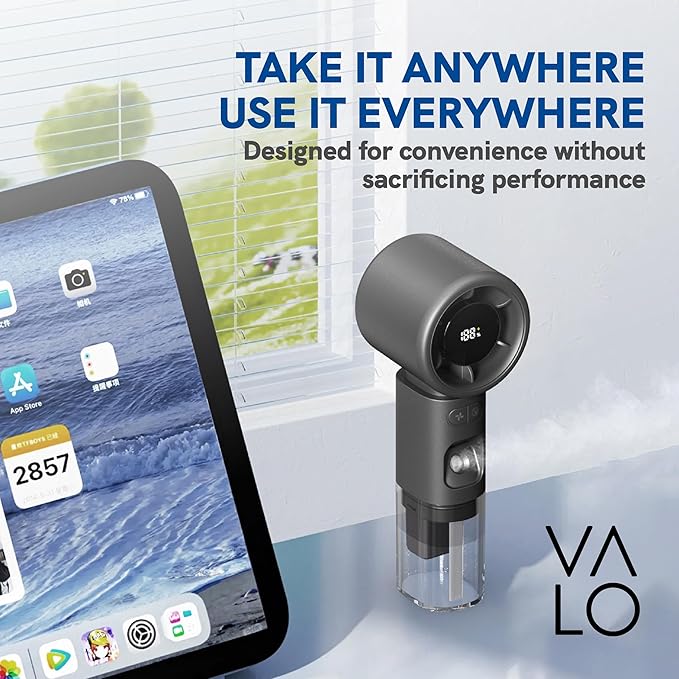 ValoInv Valo Portable Rechargeable Fan - Mini Cooling Fan for Travel, USB Desk Personal Fan with 100 Speeds, Water Cooling Technology, 50ml Tank, Quiet Operation, 2,000 mAh Battery, Midnight Black