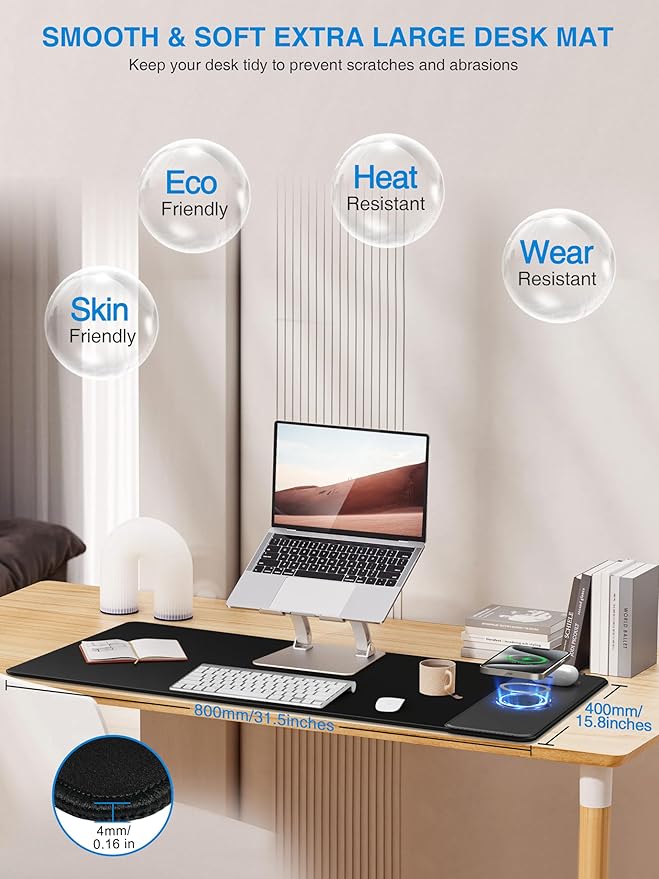 TopMade Mouse Pad with 15W Wireless Charging, Gaming Mousepad Home Office Large Desk Pad with Ultra-Smooth Surface, Non-Slip Base, Waterproof Keyboard Pad, Classic Black Desk Mat